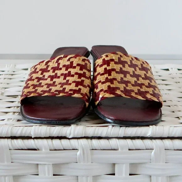 Handcrafted Burgundy Raffia Block Heel Mule Sandals Woven Boho Summer Shoes 7 - Picture 11 of 16